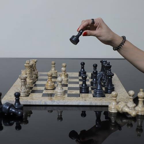 Marble Chess Set (Coral & Black) 12 inch – Aesthetic Chess Sets with Handcrafted Stone Board & Marble Chess Pieces – Ideal for Home Decor