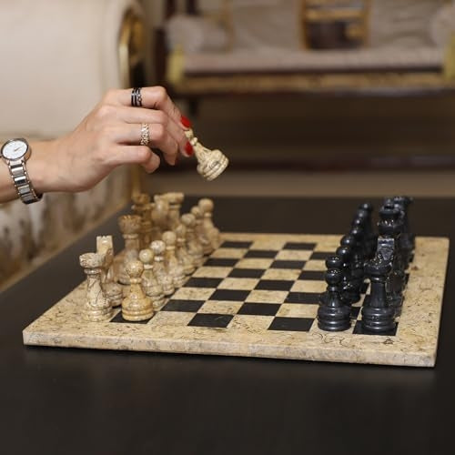 Marble Chess Set (Coral & Black) 12 inch – Aesthetic Chess Sets with Handcrafted Stone Board & Marble Chess Pieces – Ideal for Home Decor
