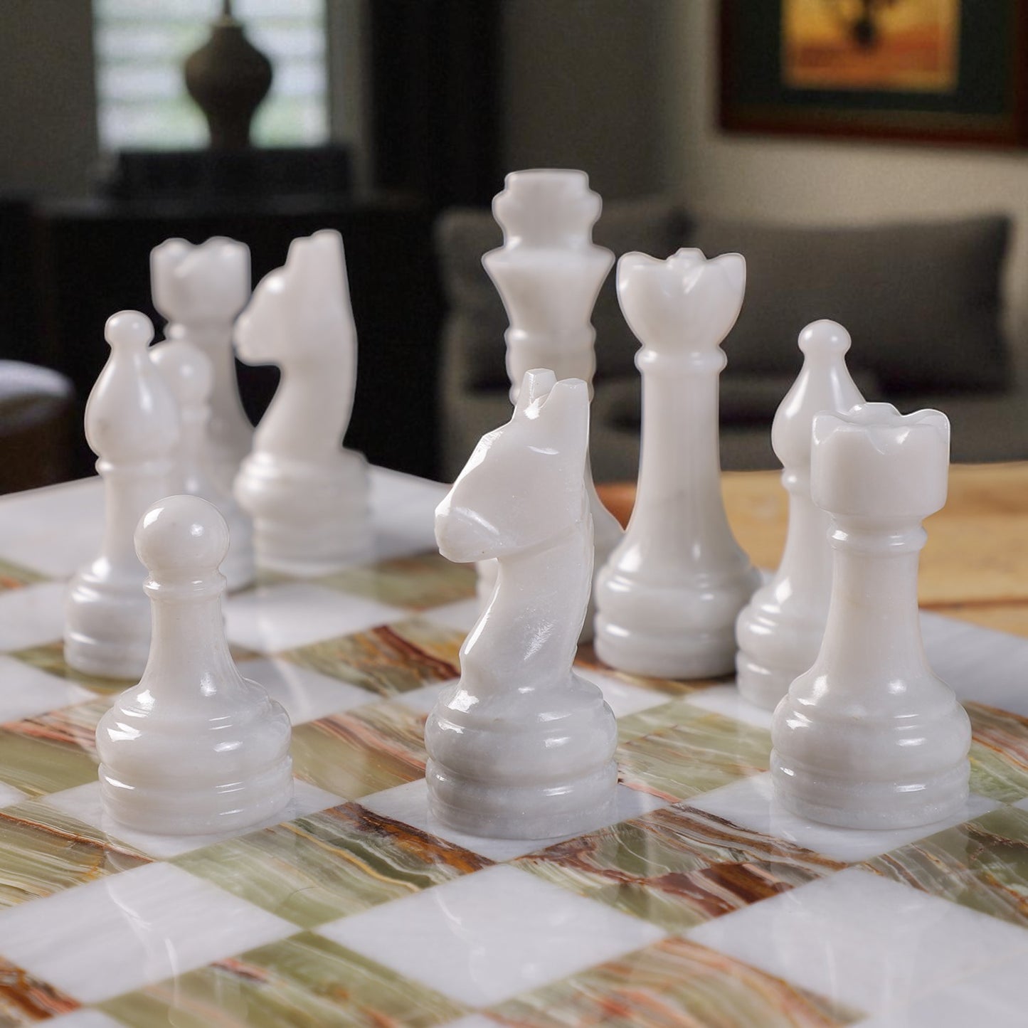 White & Onyx Green Chess Figures