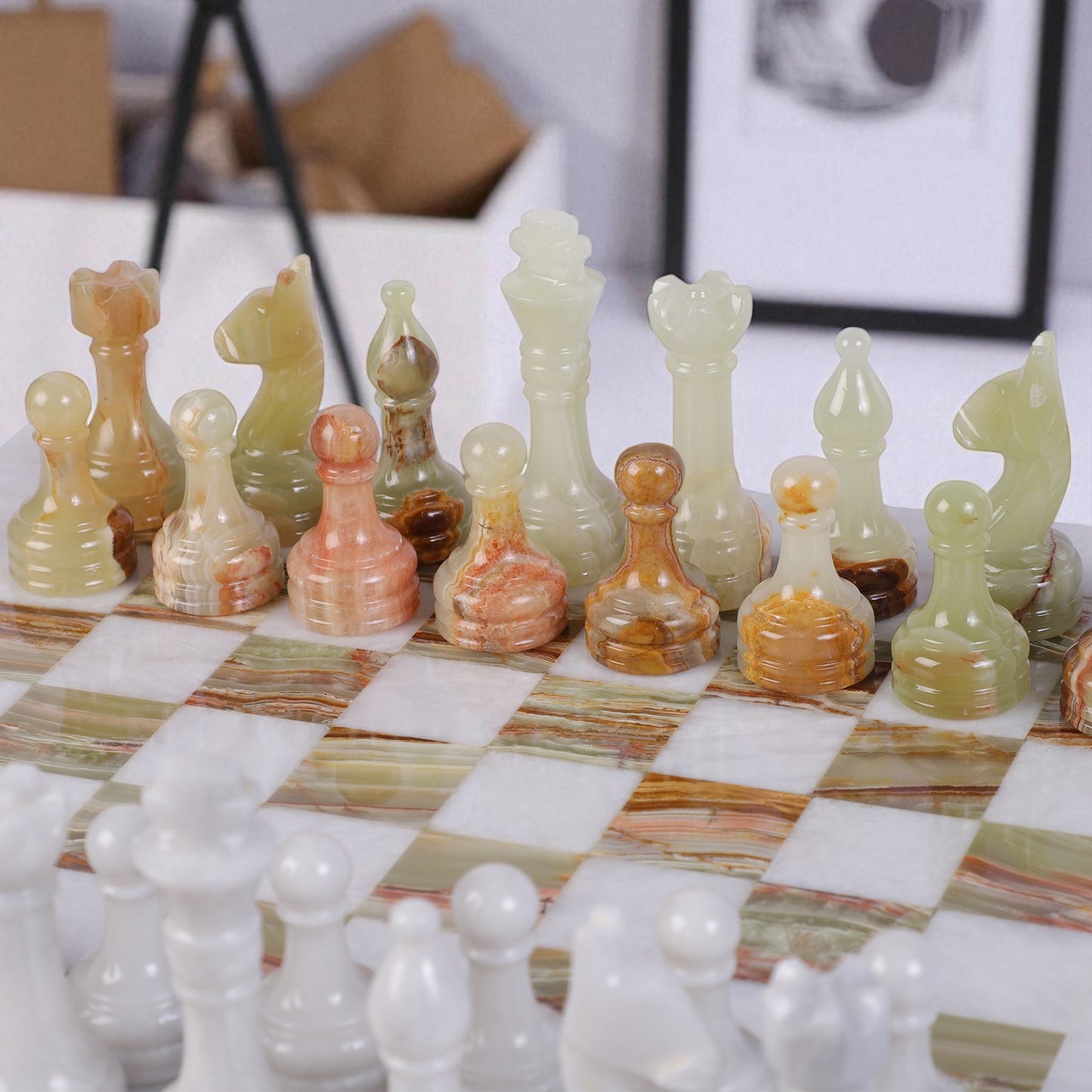 White & Onyx Green Chess Figures