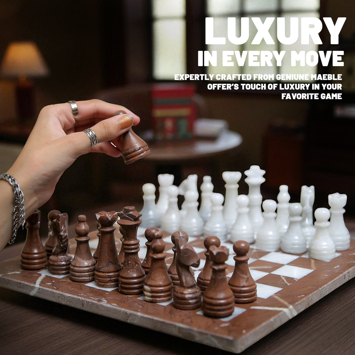 Marble Hives Luxury Handmade Marble Chess Set – Marina & White Ziarat (12 x 12 Inches) - Chess Sets for Adults - Premium Quality Chess Boards - Fancy Chess Boards