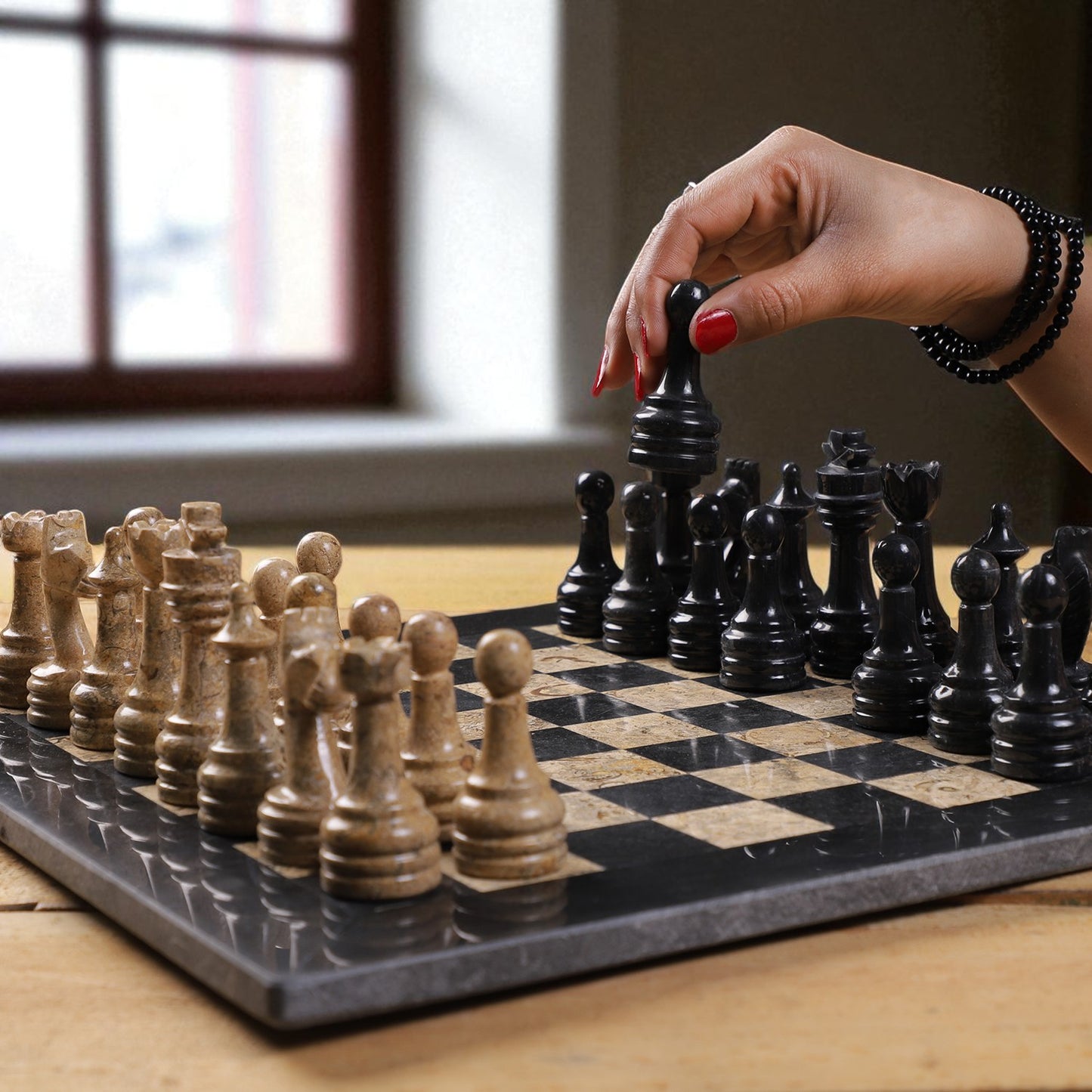 Marble Hives Luxury Handmade Marble Chess Set – Black and Coral