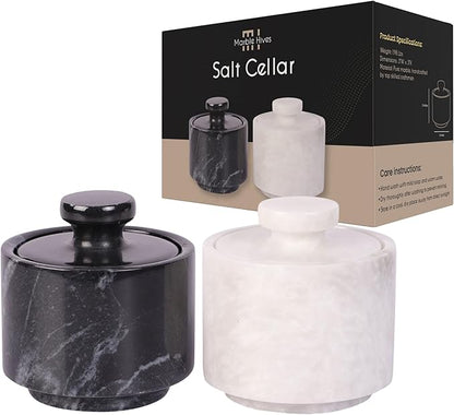 Marble Salt Cellar Set with Lid (Pack of 2) | Salt and Pepper Keeper, Spice Jar Canister Set, Sugar Container, Kitchen Organiser