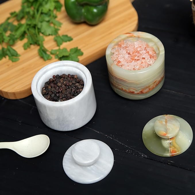 Marble Salt Cellar Set with Lid (Pack of 2) | Salt and Pepper Keeper, Spice Jar Canister Set, Sugar Container, Kitchen Organiser