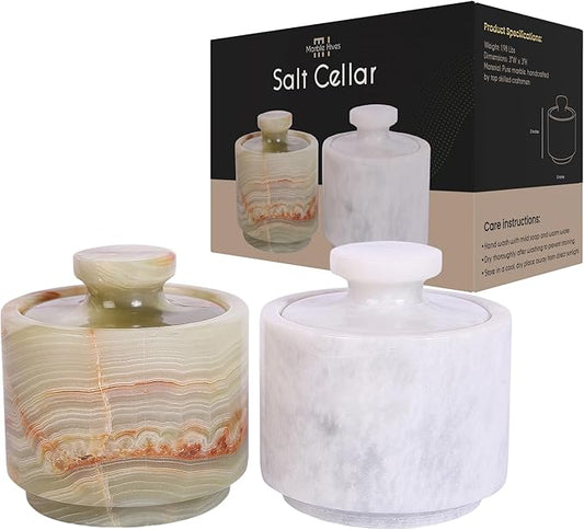 Marble Salt Cellar Set with Lid (Pack of 2) | Salt and Pepper Keeper, Spice Jar Canister Set, Sugar Container, Kitchen Organiser