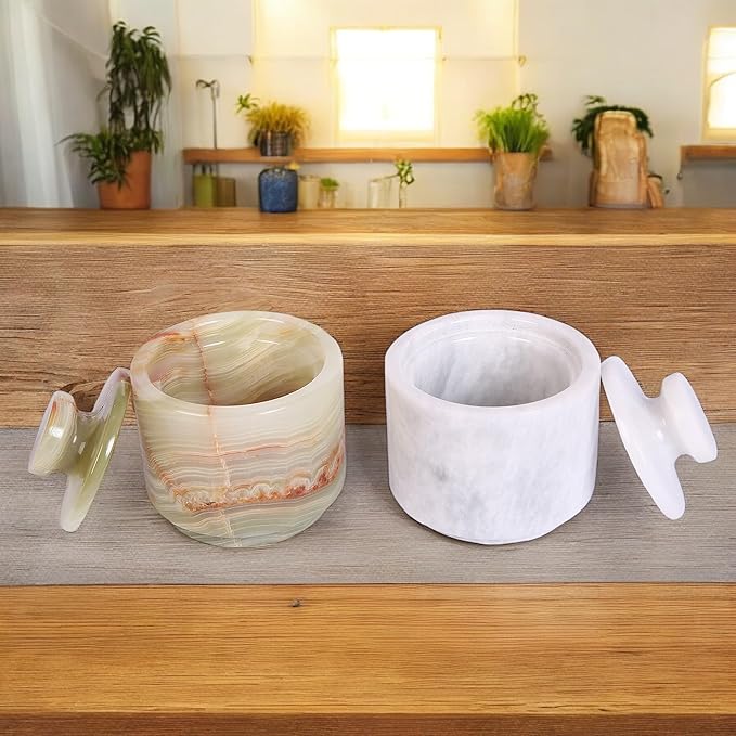 Marble Salt Cellar Set with Lid (Pack of 2) | Salt and Pepper Keeper, Spice Jar Canister Set, Sugar Container, Kitchen Organiser