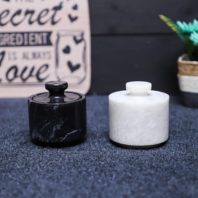 Marble Salt Cellar Set with Lid (Pack of 2) | Salt and Pepper Keeper, Spice Jar Canister Set, Sugar Container, Kitchen Organiser