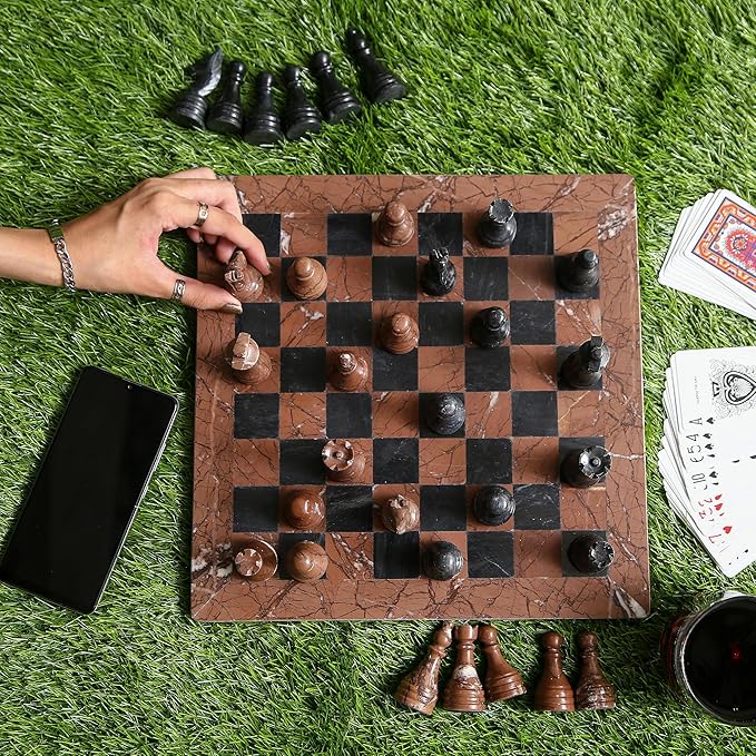 Handmade Marble Chess Set - Marina & Black (15 x 15 Inches) - Chess Sets for Adults - Premium Quality Chess Boards - Fancy Chess Boards