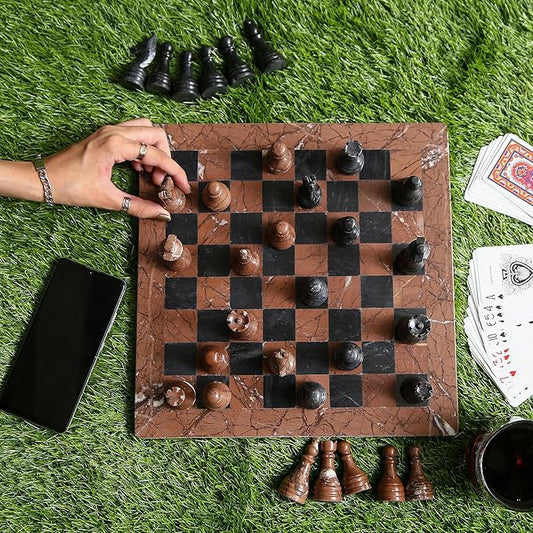 Handmade Marble Chess Set - Marina & Black (15 x 15 Inches) - Chess Sets for Adults - Premium Quality Chess Boards - Fancy Chess Boards