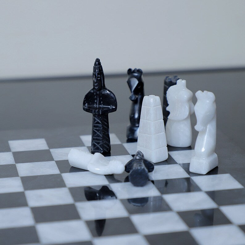 Black and White Ancient Egyptian Chess Figures