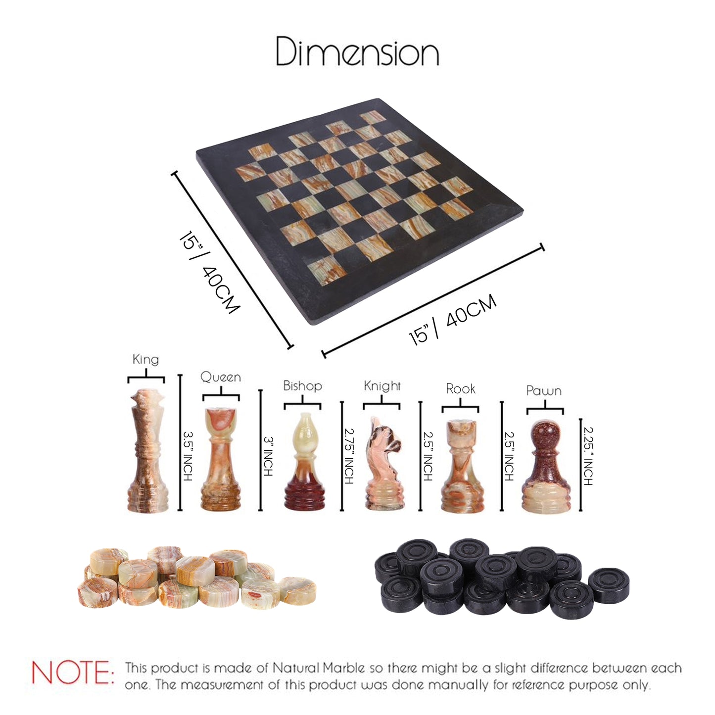 15 Inch Black & Onyx Green Marble Chess Set With Free Checker