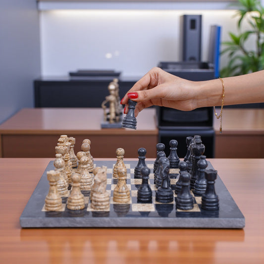Marble Hives Luxury Handmade Marble Chess Set -Black and Coral-10 Inch