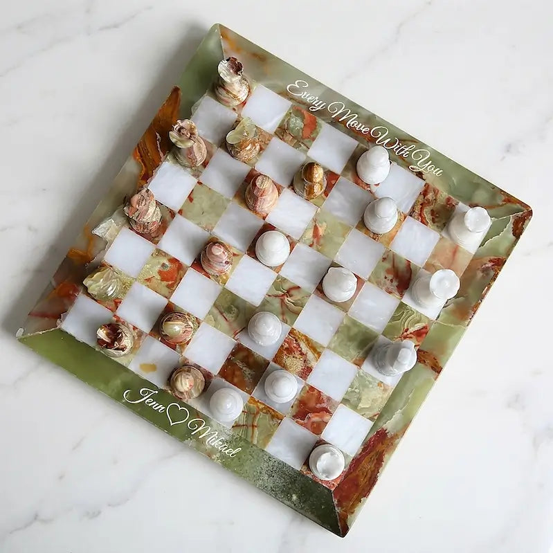 Green Onyx White Handmade Marble Chess Set