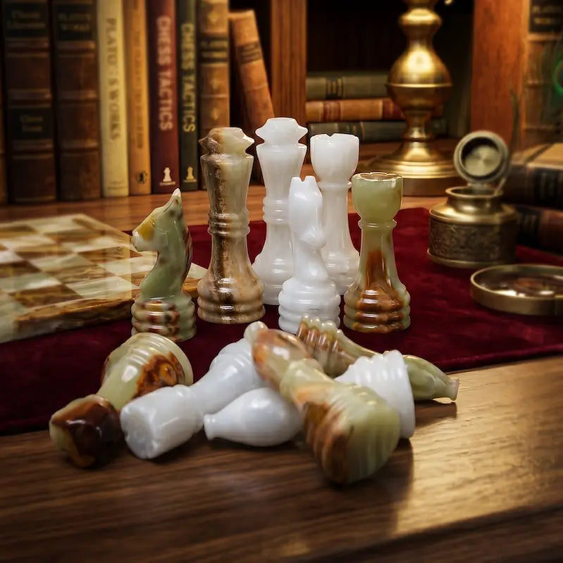 Green & Onyx White Marble Handmade Chess Set