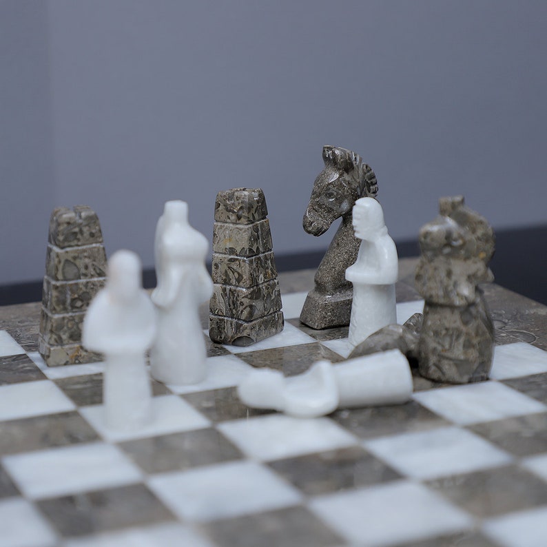 Grey and White Marble Ancient egyptian Chess figures