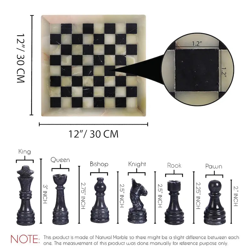 Handmade 12 inch Onyx and Black Marble Chess