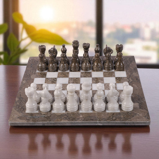 Marble Hives Luxury Handmade Marble Chess Set –  Grey and White -15 Inch