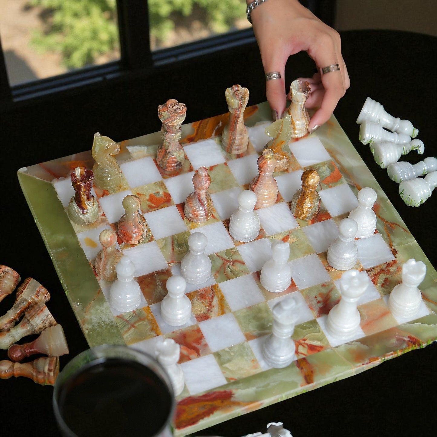 Marble Hives Luxury Handmade Marble Chess Set -Green and White -10 Inch