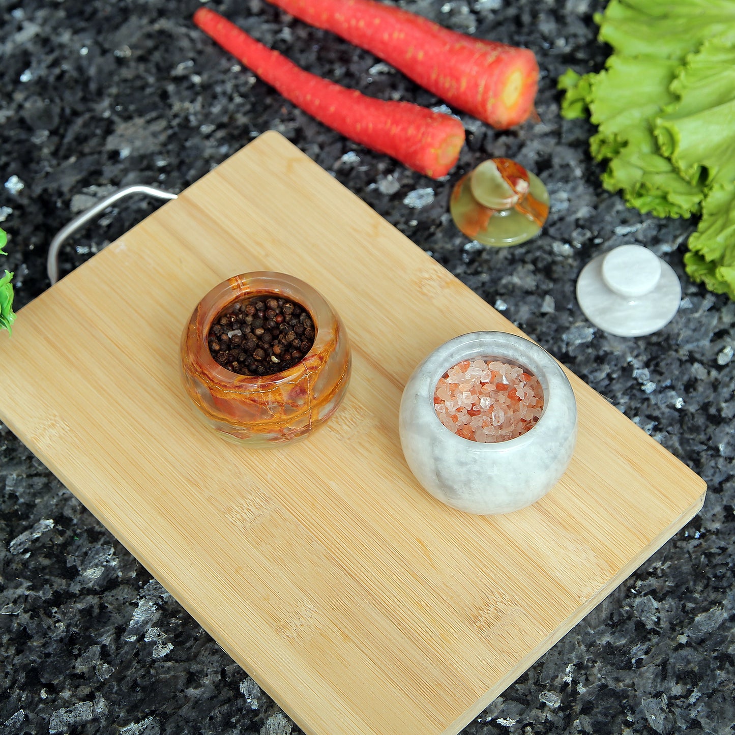 Marble Salt Cellar with Lid- Pack of 2 Marble Salt and Pepper Bowls- Salt Holder with Lid to Put Salt, Paprika, Pepper, and Spice