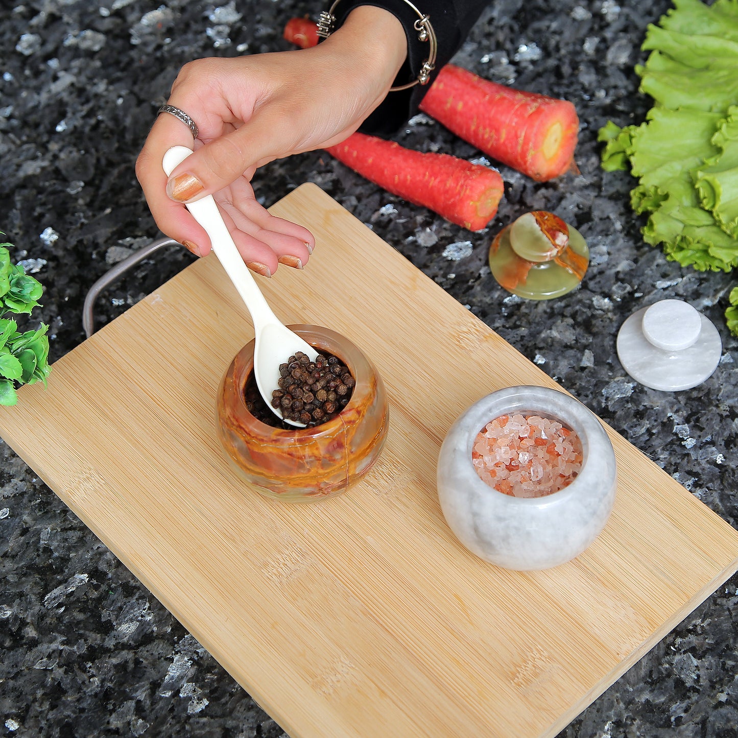 Marble Salt Cellar with Lid- Pack of 2 Marble Salt and Pepper Bowls- Salt Holder with Lid to Put Salt, Paprika, Pepper, and Spice