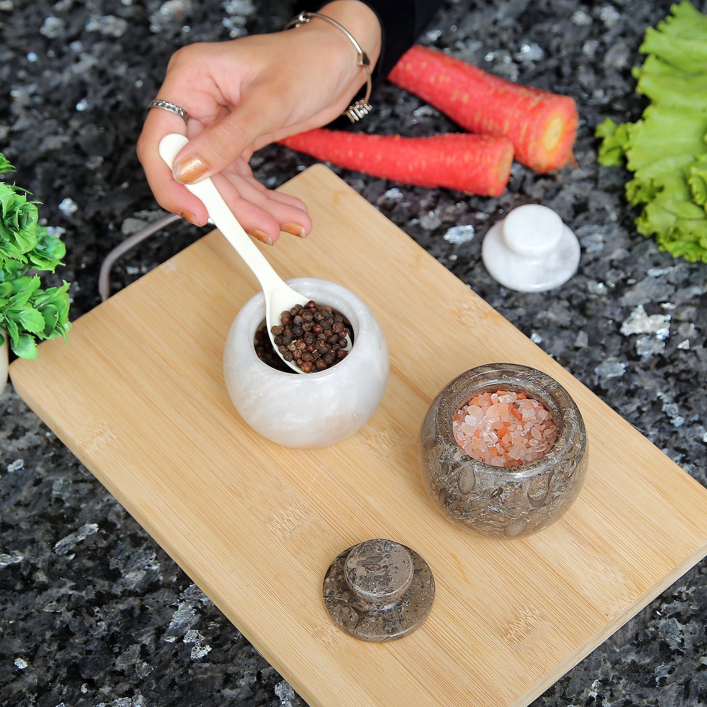 Marble Salt Cellar with Lid- Pack of 2 Marble Salt and Pepper Bowls- Salt Holder with Lid to Put Salt, Paprika, Pepper, and Spice