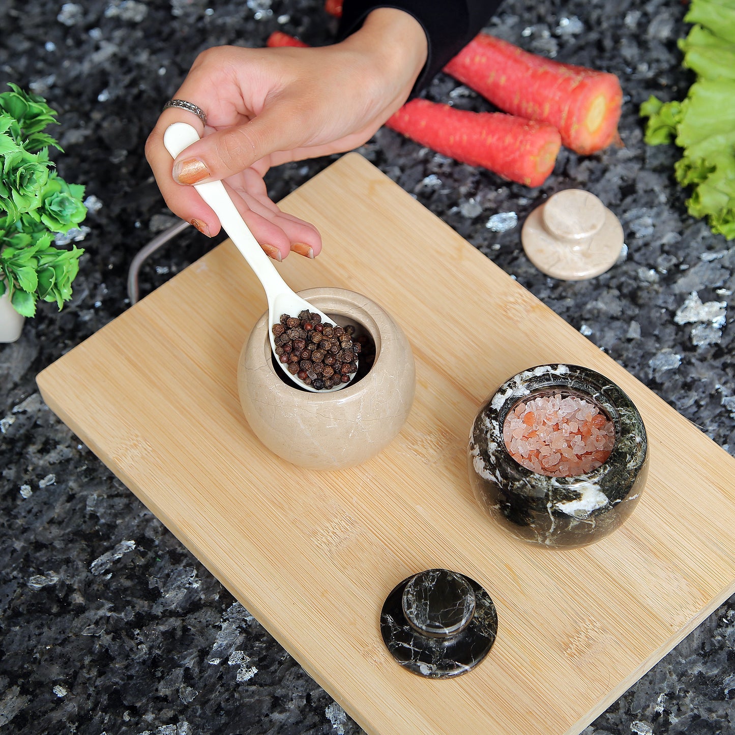 Marble Salt Cellar with Lid- Pack of 2 Marble Salt and Pepper Bowls- Salt Holder with Lid to Put Salt, Paprika, Pepper, and Spice