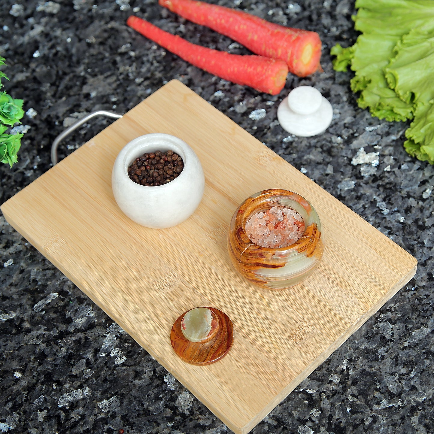 Marble Salt Cellar with Lid- Pack of 2 Marble Salt and Pepper Bowls- Salt Holder with Lid to Put Salt, Paprika, Pepper, and Spice