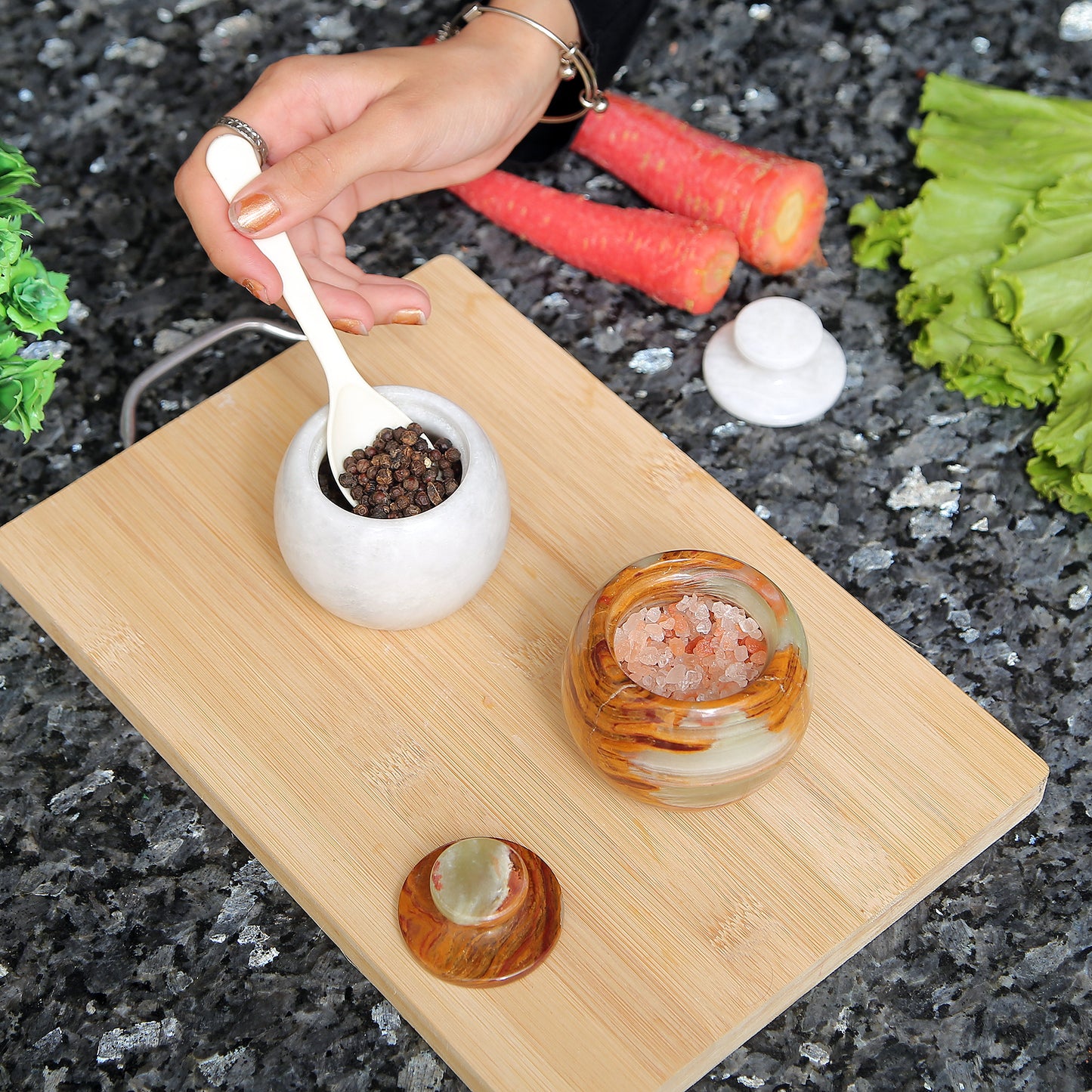 Marble Salt Cellar with Lid- Pack of 2 Marble Salt and Pepper Bowls- Salt Holder with Lid to Put Salt, Paprika, Pepper, and Spice