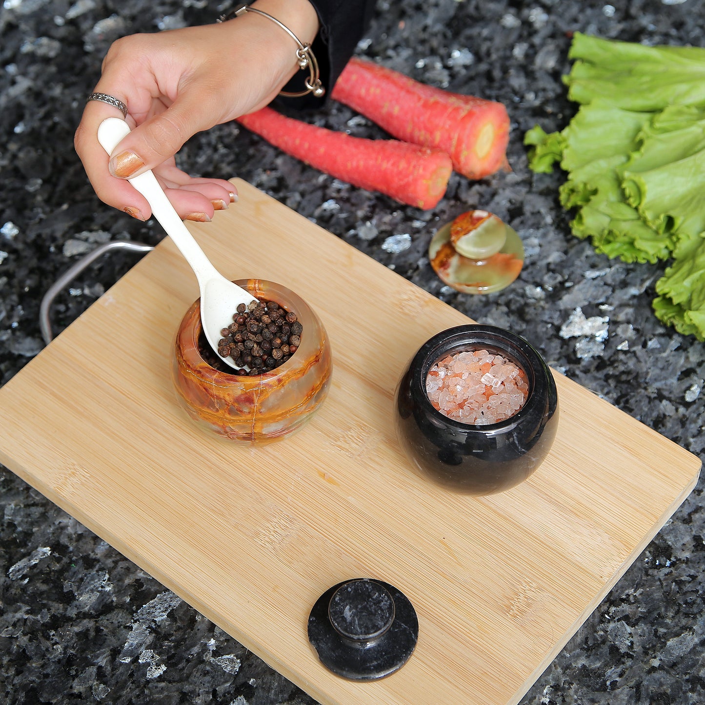 Marble Salt Cellar with Lid- Pack of 2 Marble Salt and Pepper Bowls- Salt Holder with Lid to Put Salt, Paprika, Pepper, and Spice