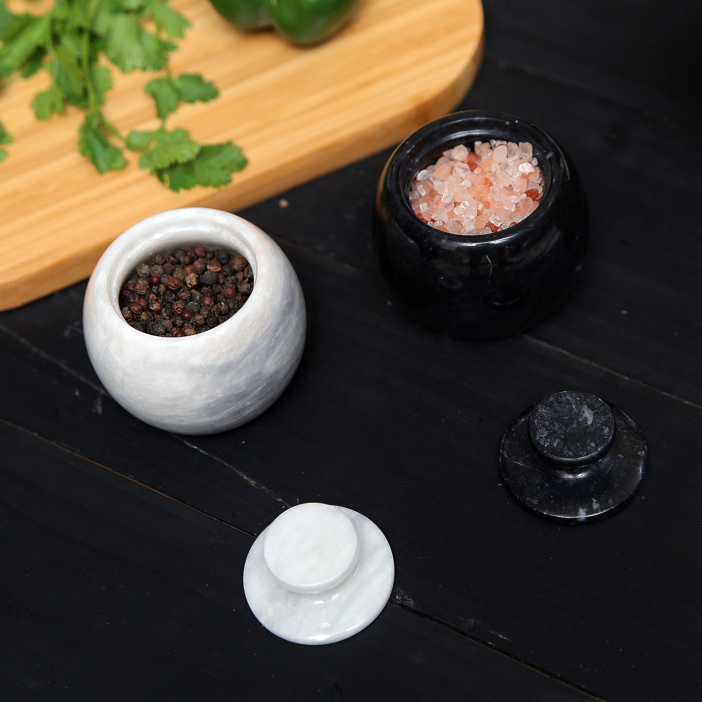 Marble Salt Cellar with Lid- Pack of 2 Marble Salt and Pepper Bowls- Salt Holder with Lid to Put Salt, Paprika, Pepper, and Spice