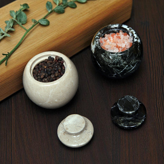 Marble Salt Cellar with Lid- Pack of 2 Beige and Black Zebra