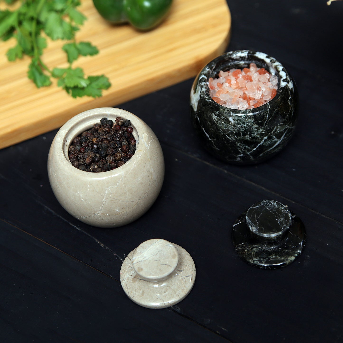 Marble Salt Cellar with Lid- Pack of 2 Marble Salt and Pepper Bowls- Salt Holder with Lid to Put Salt, Paprika, Pepper, and Spice