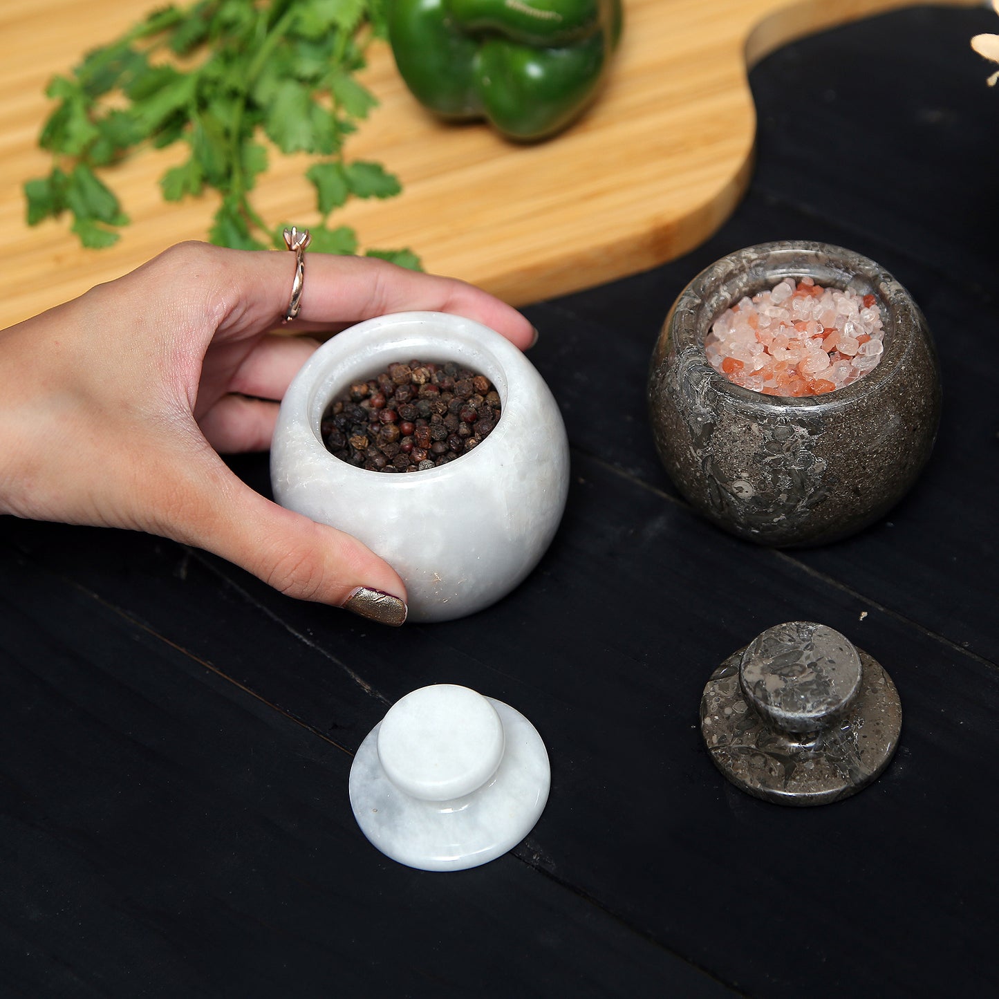 Marble Salt Cellar with Lid- Pack of 2 Marble Salt and Pepper Bowls- Salt Holder with Lid to Put Salt, Paprika, Pepper, and Spice