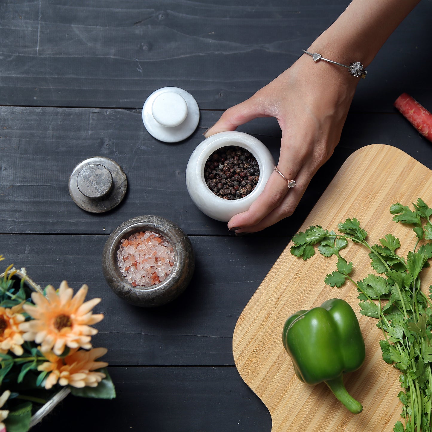 Marble Salt Cellar with Lid- Pack of 2 Marble Salt and Pepper Bowls- Salt Holder with Lid to Put Salt, Paprika, Pepper, and Spice
