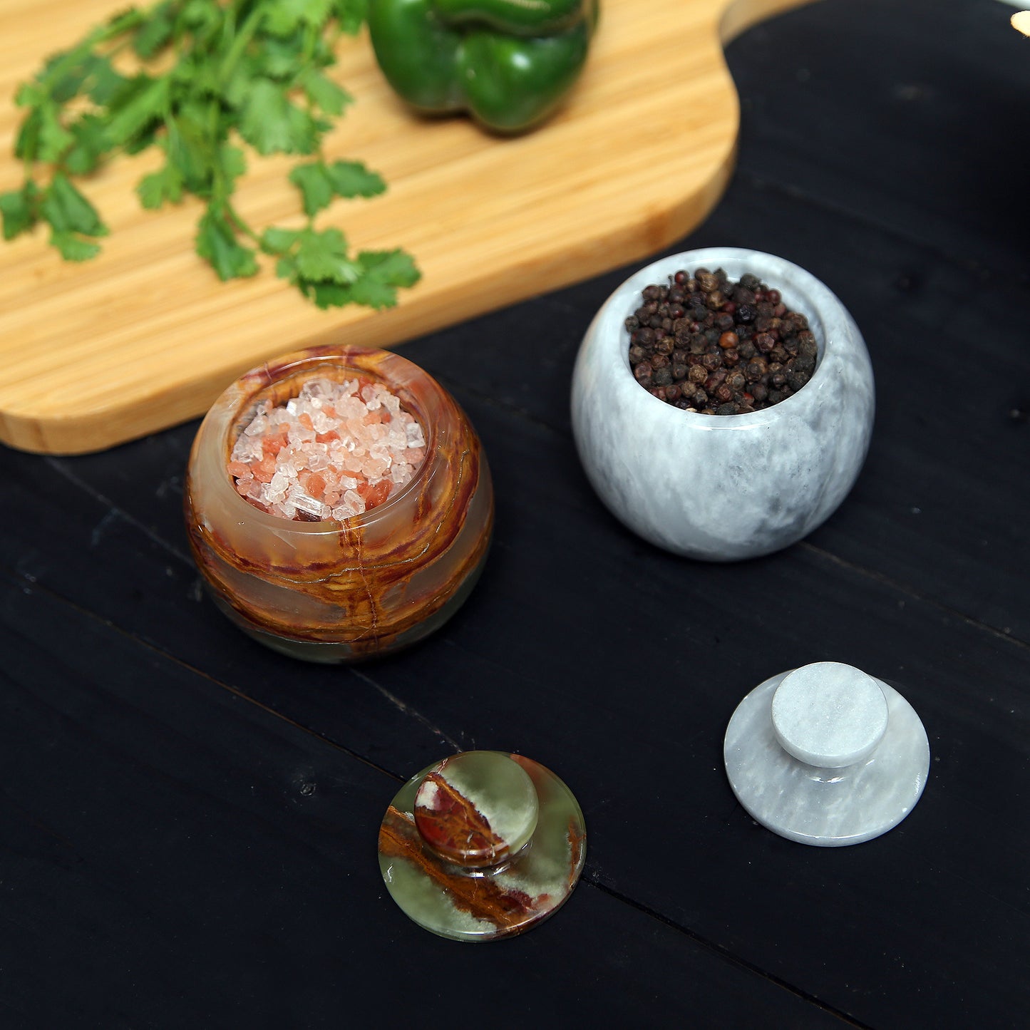 Marble Salt Cellar with Lid- Pack of 2 Marble Salt and Pepper Bowls- Salt Holder with Lid to Put Salt, Paprika, Pepper, and Spice
