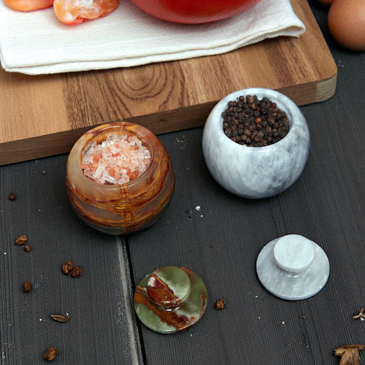 Marble Salt Cellar with Lid- Pack of 2 Sunny Grey and Onyx