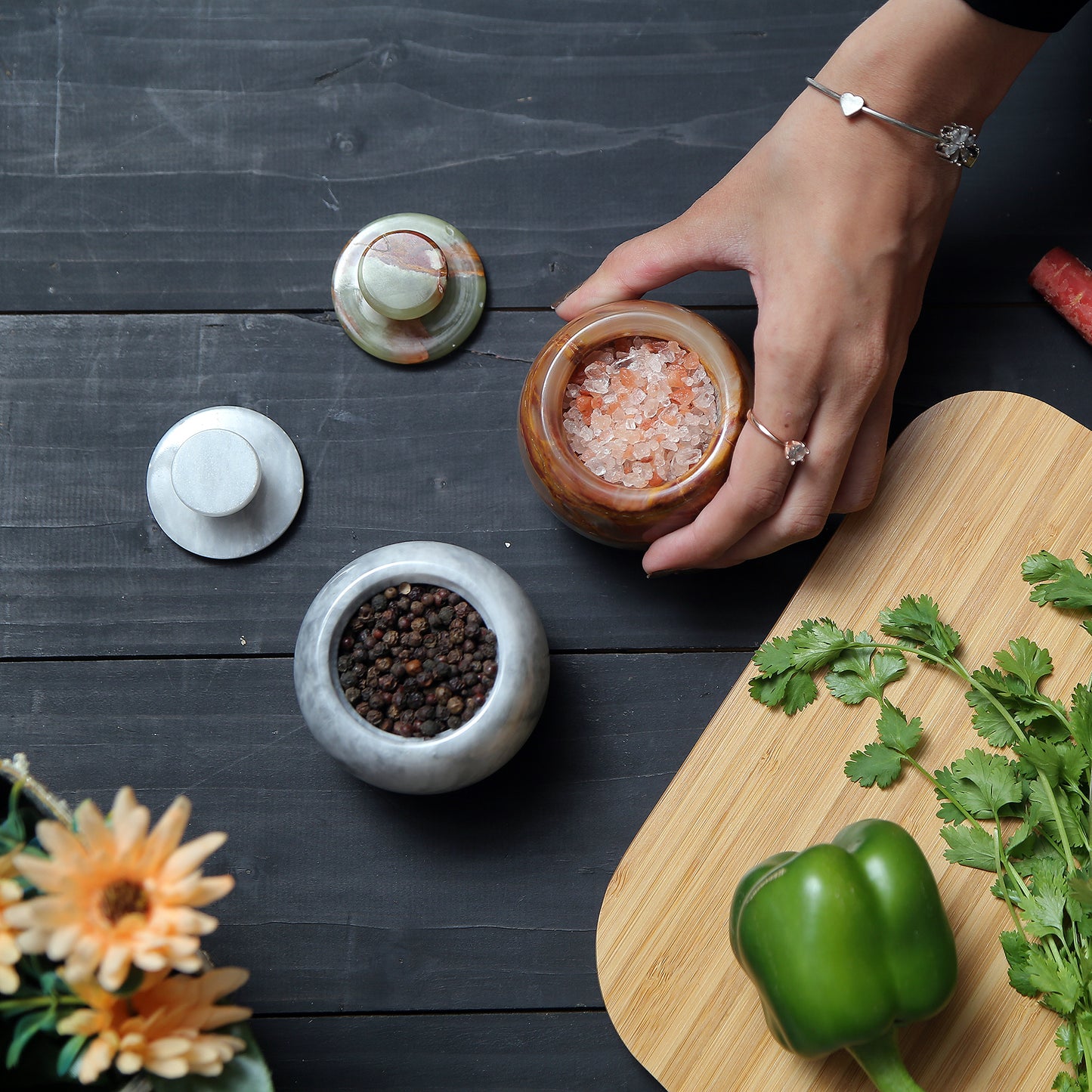 Marble Salt Cellar with Lid- Pack of 2 Marble Salt and Pepper Bowls- Salt Holder with Lid to Put Salt, Paprika, Pepper, and Spice