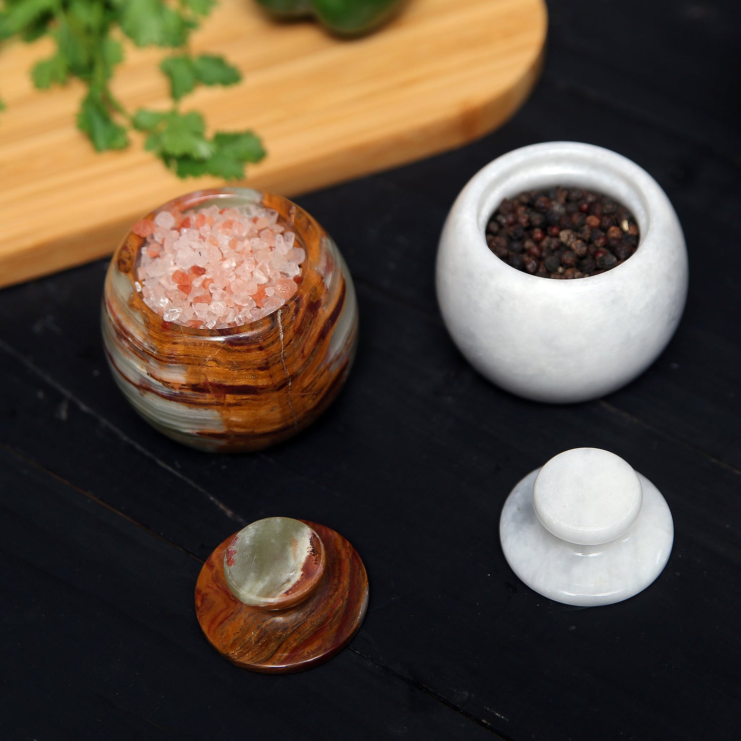 Marble Salt Cellar with Lid- Pack of 2 Marble Salt and Pepper Bowls- Salt Holder with Lid to Put Salt, Paprika, Pepper, and Spice