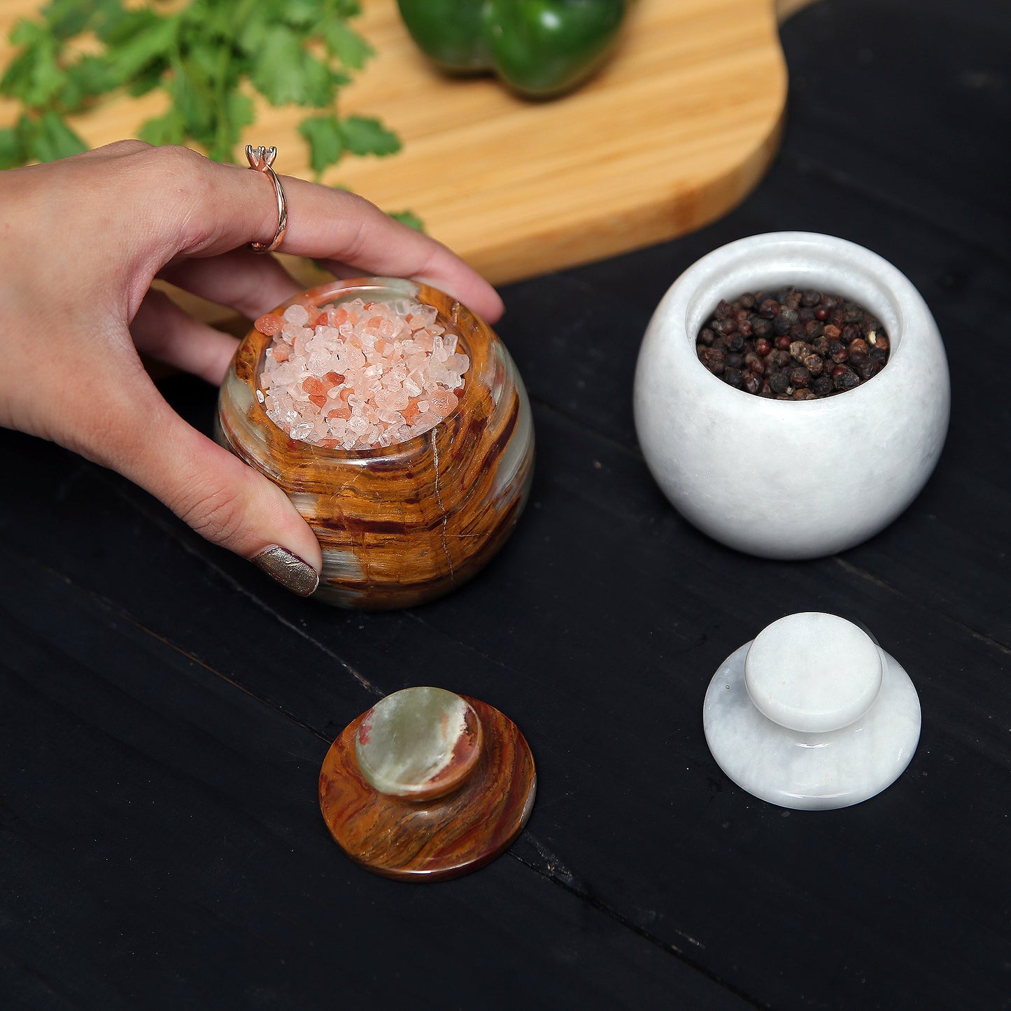 Marble Salt Cellar with Lid- Pack of 2 Marble Salt and Pepper Bowls- Salt Holder with Lid to Put Salt, Paprika, Pepper, and Spice