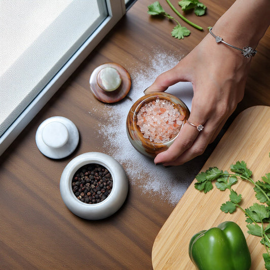 Marble Salt Cellar with Lid- Pack of 2 White and Green