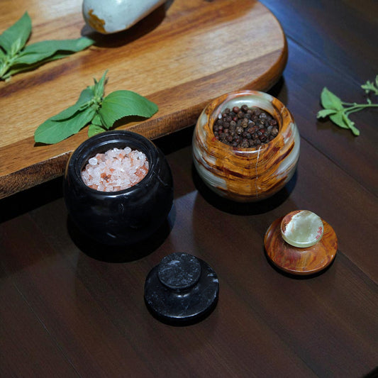 Marble Salt Cellar with Lid- Pack of 2 Black and Onyx