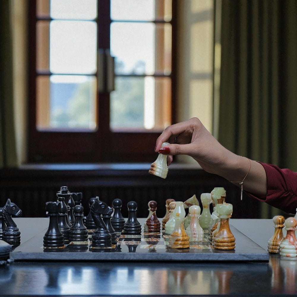Marble Hives Luxury Handmade Marble Chess Set – Black & Onyx Green -15 Inch