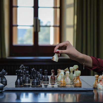Marble Hives Luxury Handmade Marble Chess Set – Black & Onyx Green -15 Inch