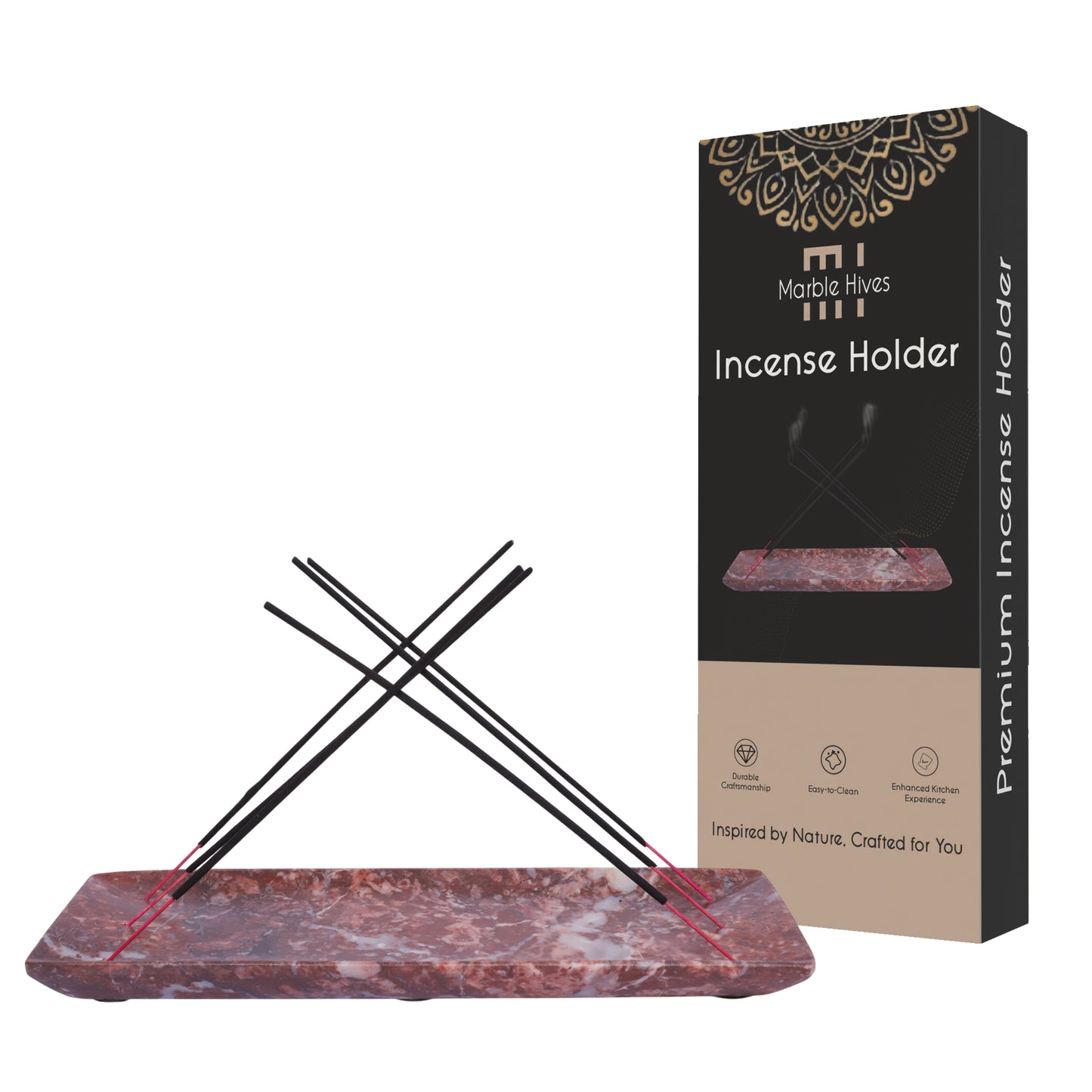 Marble Incense Holder, 9-Holes for Sticks, Incense Ash Catcher Tray, Natural Marble Aromatherapy Ornament, and Handmade Room Decor Meditation Accessories