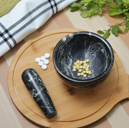 Marble Mortar and Pestle Set (5 inch) Black Zebra
