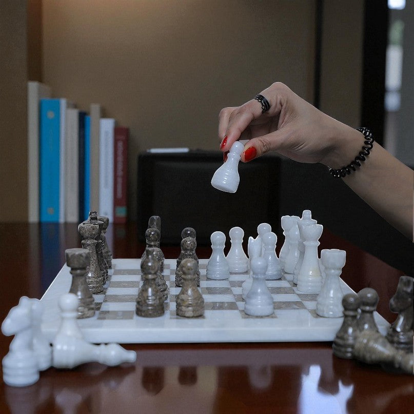 Marble Hives Luxury Handmade Marble Chess Set -Grey and White -10 Inch