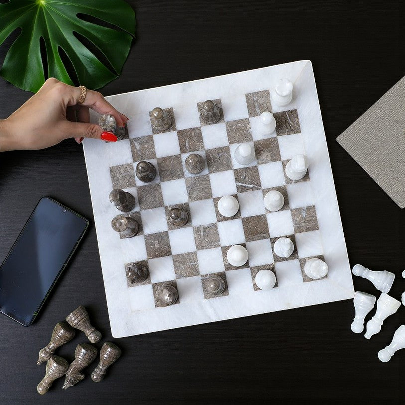 Marble Hives Luxury Handmade Marble Chess Set -Grey and White -10 Inch