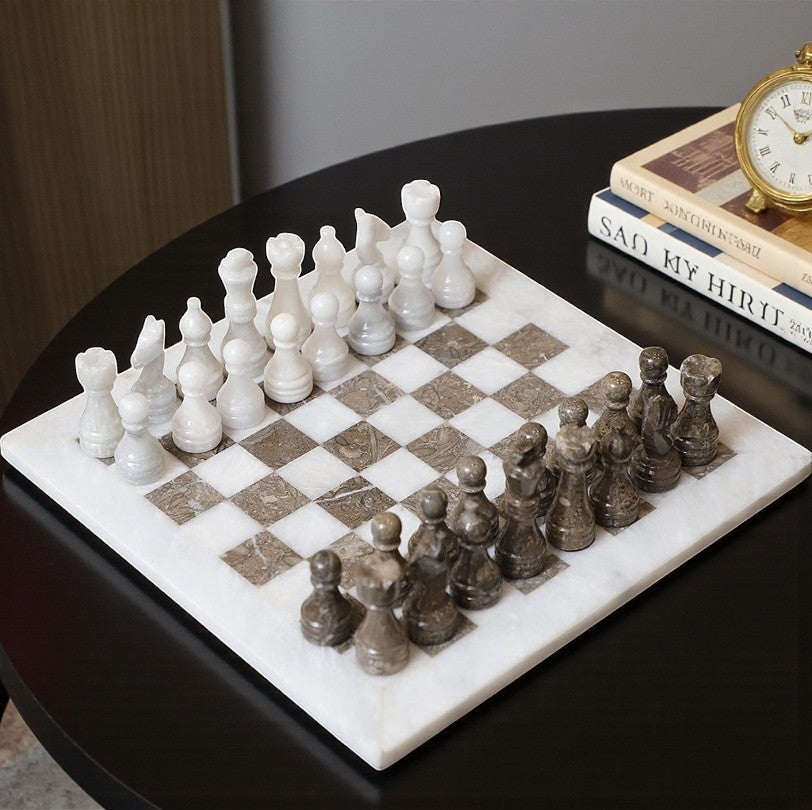 Marble Hives Luxury Handmade Marble Chess Set -Grey and White -10 Inch