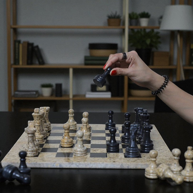 Marble Hives Luxury Handmade Marble Chess Set – Coral and Black -15 Inch