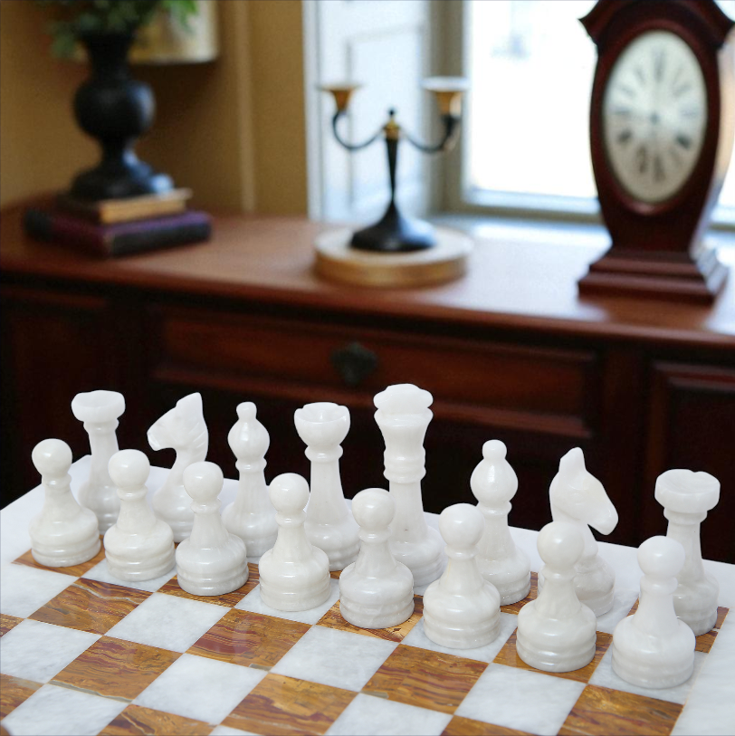 Marble Hives Luxury Handmade Marble Chess Set – White and Dark Brown